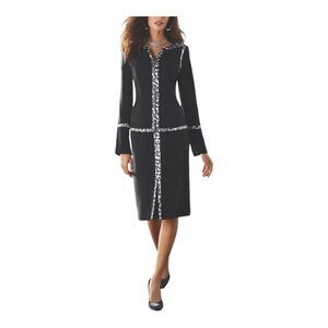 Midnight Velvet Leopard Trim Black Office Dinner Cocktail Party Skirt Set Suit